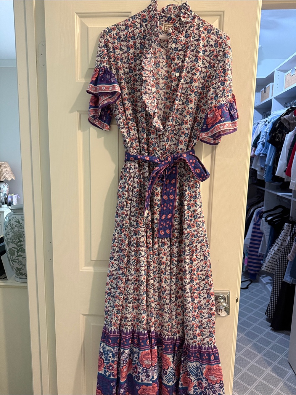 Boho Floral Ruffle Maxi Dress with Tie Belt - Purple & Pink